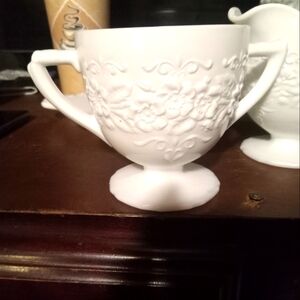 Vintage milk glass creamer,sugar and cup and tray
